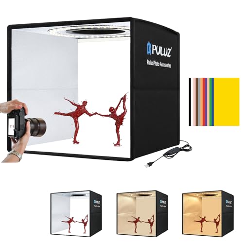PULUZ Mini Caja Luz Fotos 25x25cm, Fotografias com Caixa de Luz Portátil con Regulable 3 Temperaturas de Colores & 96 Luces LED CRI >90 & 12 Fondos Fotográficos para Fotografía de Producto pequeño