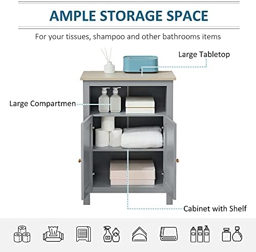 kleankin Bathroom Floor Storage Cabinet Free Standing Unit with Compartment Adjustable Shelf Double-door Design, Free Standing Organizer, Grey