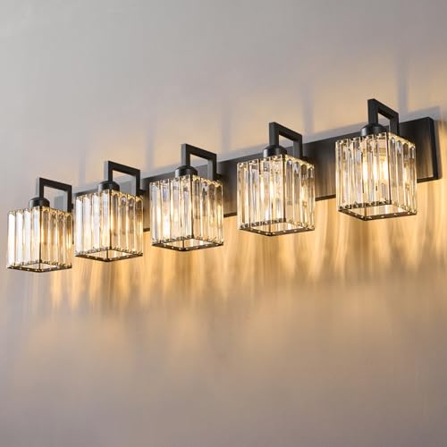 Black Bathroom Light Fixture, 5-Light Crystal Vanity Lighting, Bathroom Lighting Fixtures Over Mirror, Modern Crystal Wall Lamp