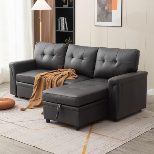 Panana 3 Seater Conrner Sofa Bed, Pull-out Sofa Bed with Universal Storage Chaise, 2 Fabrics and Colours For Option (Black Leather Like Fabric) - Image 4