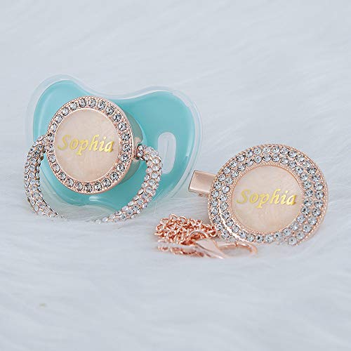 MIYOCAR Personalized Name Anniversary All Bling Pacifier and Clip Set Rosa Gold Plated New Born gift Photography No for Daily Use