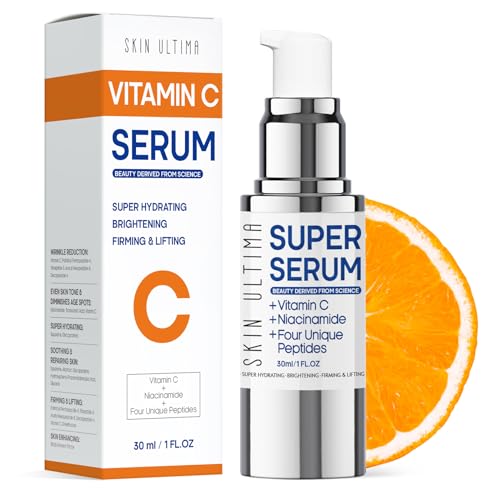 Super Serum for Mature Skin over 50, All-In-1 Formula with Vitamin C, Niacinamide, Squalane and Four Unique Peptides – Hydrates, Firms, Lifts, Wrinkles, Brightens Dark Spots – 1 fl oz