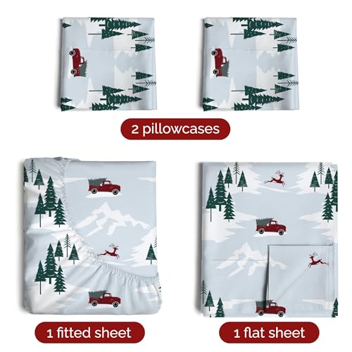 Full Christmas Pickup Trucks Sheet Set - Holiday Xmas Pattern Bedding Set - Deep Pockets - Snug Fit - 4 Piece - Wrinkle Free - Cozy Cooling Festive Winter - Holiday Sheets for Women, Men, Kids & Teens