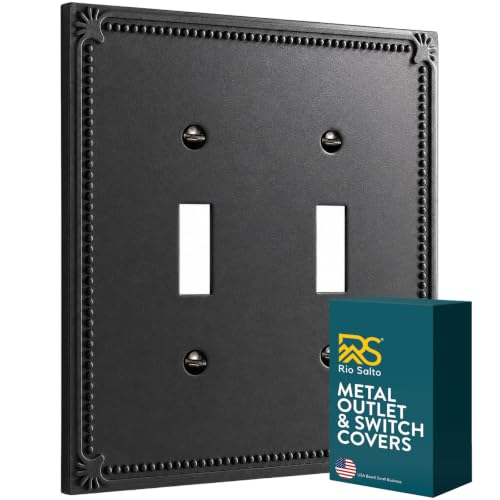 Rio Salto Matte Black Decorative 2 Light Switch Cover Plate Black Outlet Covers Double Toggle Flip Switch Plate 2-Gang Premium Metal Wall Plates Beaded — Pearl Collection, Midsize 5.00" x 5.00"