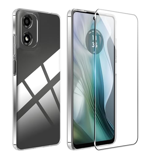 FDHYFGDY Schutzhülle für Motorola Moto E14/ Moto G24/ Moto G04/ Moto G04S Hülle +1 Stück Panzerglas, durchsichtige stoßfeste Silikon-Handyhülle, klare, dünne, weiche TPU-Stoßstangenabdeckung Hülle