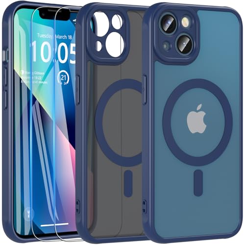 Kuaguozhe Magnétique Coque pour iPhone 13 avec 2 Verre Trempé, Compatible avec MagSafe, Protection Antichoc Coque Etui Mat Arrière Housse Case pour iPhone 13 6.1" (Bleu)