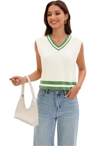 Image of Womens Cropped Sweater Vest V Neck Sleeveless Loose Fit Tank Tops Striped Knit Lightweight Pullover Fall Sweaters