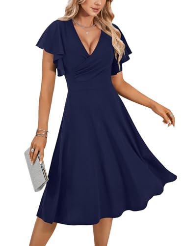 Image of LYANER Women's Warp V Neck Ruffle Short Sleeve A Line Swing Flared Cocktail Party Midi Dress