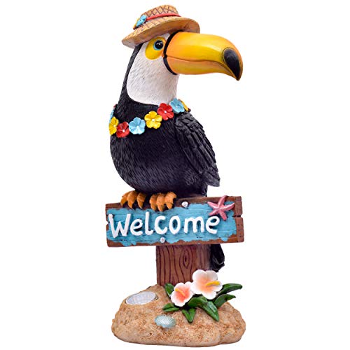 TERESA'S COLLECTIONS 10.2 Inch Tropical Toucan Welcome Sign Garden Statue, Hawaii Adorable Figurines with Solar Powered Garden Lights for Spring Summer Outdoor Patio Yard Holiday Decorations