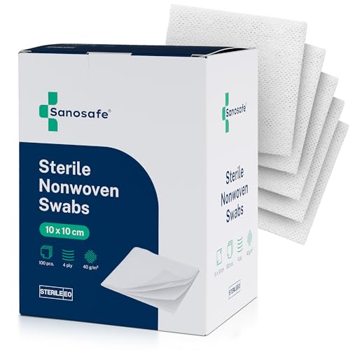 Sanosafe 100 pièces Compresses Stériles non tissées 10x10 cm | Pour soin des plaies | Douces, absorbantes & sans peluche