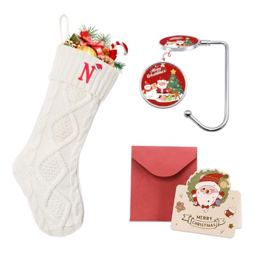 Ulico Christmas Stockings with Initials, 18’’ Large Embroidered Monogram Knit Christmas Stocking,Xmas Stocking for Kids, Holiday and Family Stocking for Fireplace or Party Decoration White Letter N