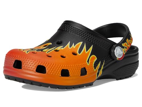 Image of Crocs Unisex Classic Clogs with Patterns and Graphics (Little Kid /Big Kid) Black /Multi Flames 6 Medium
