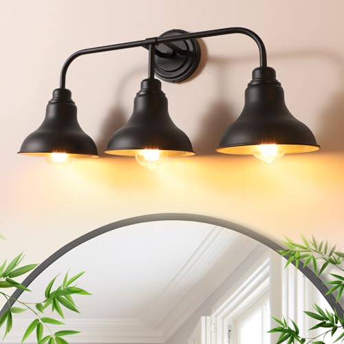 Image of 25.2-Inch 3-Light Farmhouse Vanity Light Over Mirror, Matte Black | Rustic industrial style, metal frame, 3 E26 sockets, 60W max, dimmable, no bulbs, wall sconce for bathroom mirror, bedroom
