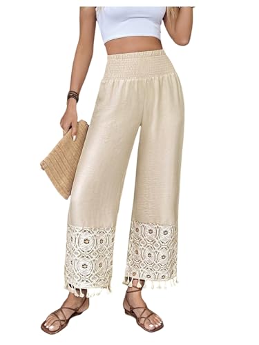 MakeMeChic Women's Boho Elastic High Waist Wide Leg Pants Fringe Shirred Trousers