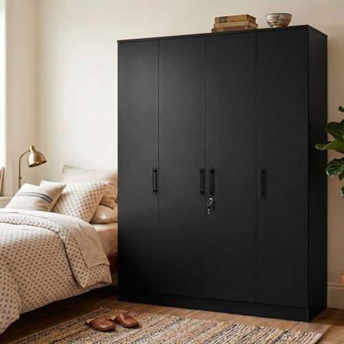 Image of FFO Kavisto 4 Door Wooden Wardrobe for Bedroom, Large Clothes Storage Cabinet with Hanging Space, Shelves, Drawer & Lock, Modern Wood Finish Almirah for Home, Bedroom & Living Room Black DIY.