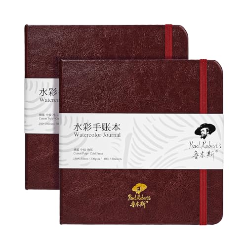 Paul Rubens 正方形 水彩日記帳 2パック 40枚 綿100% 無酸 コールドプレス 水彩スケッチブック 5.91 x 5.91インチ 140ポンド 300gsm 水彩絵の具、グワッシュ、アクリル用
