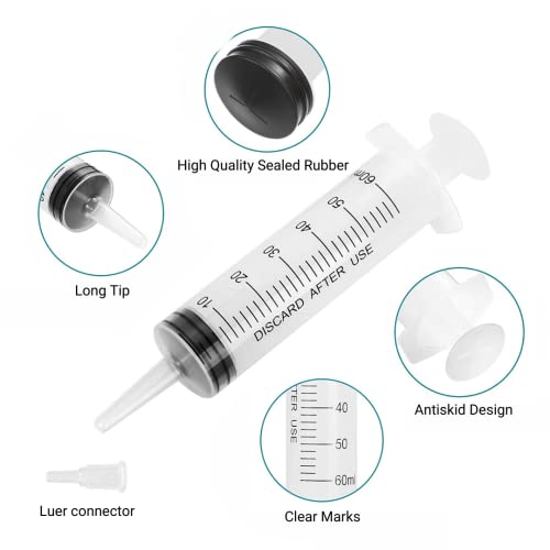 5 Stück Spritzen 60 ml/cc mit Schläuchen und stumpfen Nadeln, Wiederverwendbar, Einzeln Verpackung, Steril, Messflüssigkeiten, Pflanzenbewässerung, Tierfütterung, Wissenschaftliche Labors, Industrie