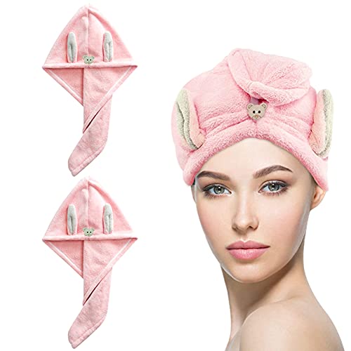 Surich 2 Pack superfine microfiber Hair Drying Towel Wrap, fast dry women super absorbent fast dry hair cap Design cute rabbit ears Hair Drying Towel for long hair, natural curly hair etc.