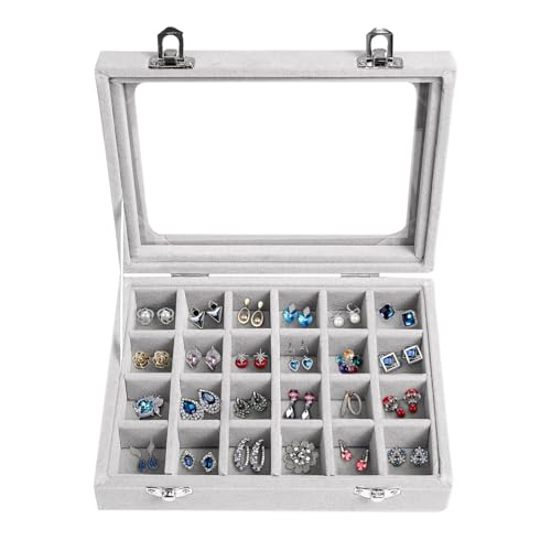 EONGOA 24 Grid Velvet Jewelry Tray for Drawers Detachable Jewelry Showcase Box Glass Clear Lid Showcase Display Storage Ring Trays Holder Earrings Organizer Case (Grey)