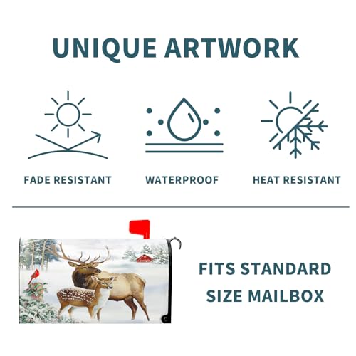 Image of Winter Deer Mailbox Cover Magnetic- Christmas Reindeer Moose Elk Mailbox Wrap- Standard Size 21x18 Inch Waterproof Letter Post Cover for Garden Yard Outdoor Farmhouse Decor