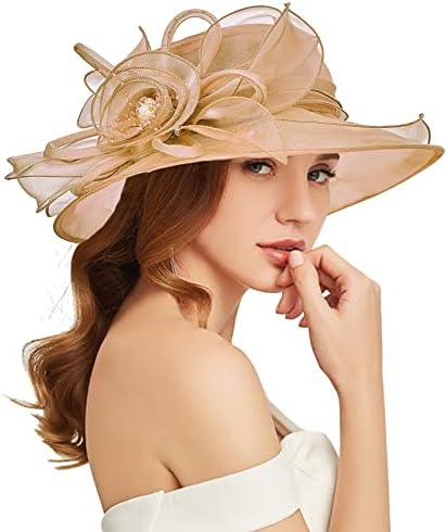 TLMNU Organza Fascinator Hat - Women¡¯s Wide Brim Church Bridal Tea Party Wedding Hat 03Golden