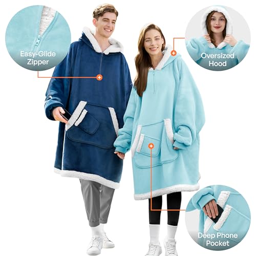 Image of Giggling Getup Wearable Blanket Hoodie for Women Men Gifts for Women Mom Wife Sherpa Fleece Hooded Blanket Sweatshirt Warm Cozy Sherpa Wearable Throw with Pocket & Sleeves for Adult Standard Sky Blue
