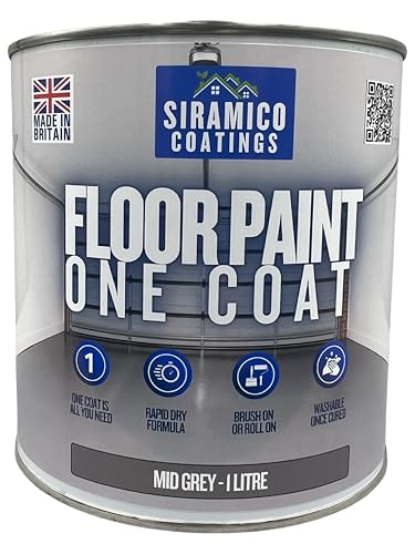 SIRAMICO COATINGS One Coat Anti-Slip Floor Paint | 1 Litres | 5 Modern Colours I Waterbased, Quick Drying Formula | White, Black, Greys (Mid Grey, 1 Liter)