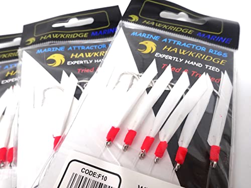 HAWKRIDGE MARINE RIG PRO SERIES, WHITE X RIBBON 5 Packs of Single Type Commercial Quality Sea Feather Lure Fishing Rigs