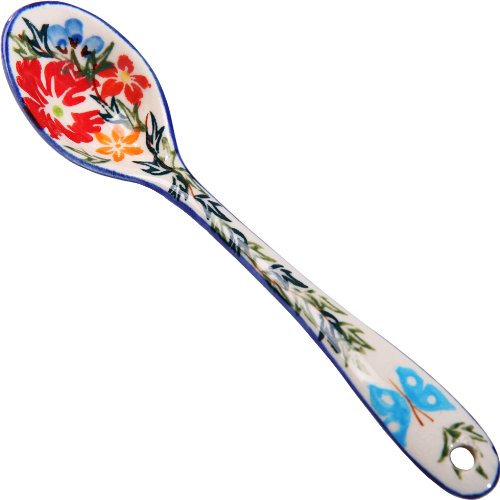 Polish Pottery Ceramika Boleslawiec, 1022/238, Spoon Medium, 1 1/4 by 6 1/8 Inches Long, Royal Blue Patterns with Red Cornflower and Blue Butterflies Motif