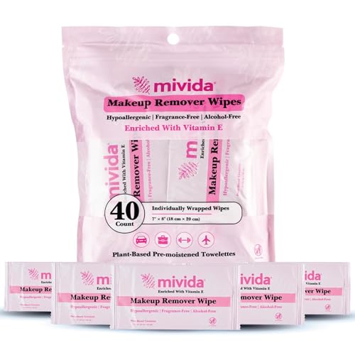 mivida 40 Count Hypoallergenic Makeup Remover Wipes Individually Wrapped with Vitamin E, Plant-Based Face Wipes, Alcohol Free & Fragrance Free Makeup Wipes Travel Size