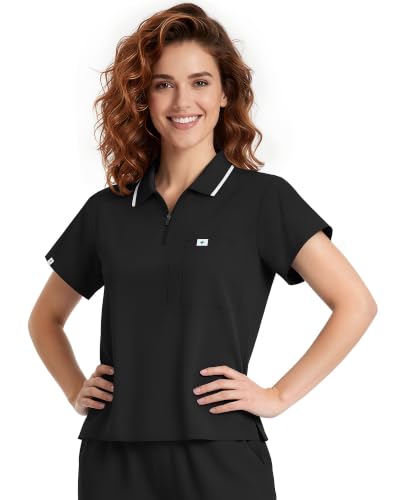 Meidiero Women's Scrub Tops Zip Polo Cropped Medical Scrub Top Black