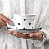 Handmade White And Black Polka Dot Ceramic 9oz/250ml | Cappuccino, Coffee, Tea Cup and Saucer,...