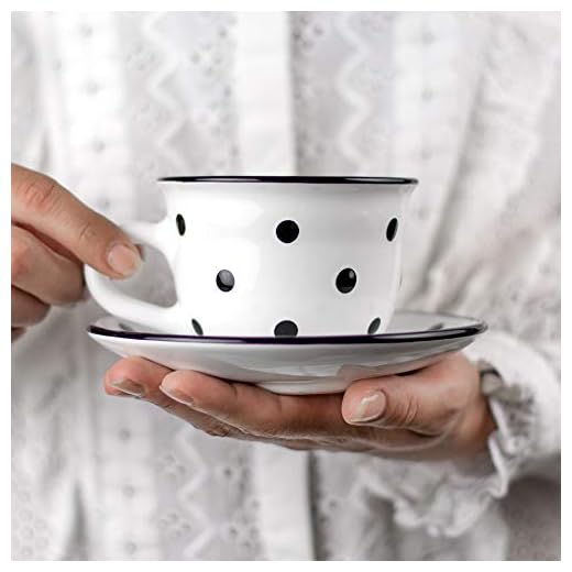 Handmade White And Black Polka Dot Ceramic 9oz/250ml | Cappuccino, Coffee, Tea Cup and Saucer, Unique Designer Pottery for Tea Lovers by City to Cottage