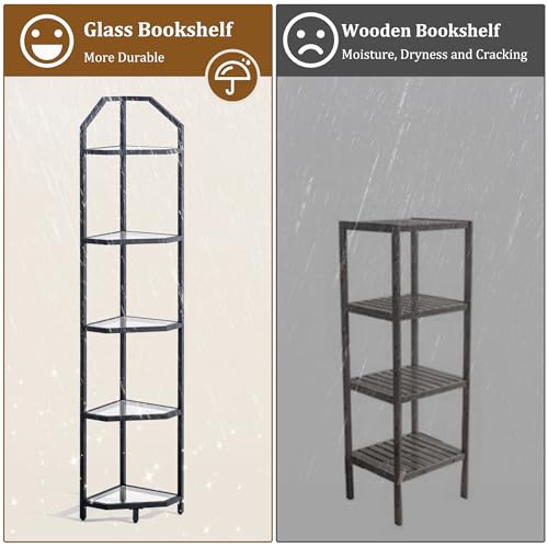 Fun Memories 5-Tier Corner Shelf Stand, Black Corner Bookshelf, Bathroom Storage Rack Shelf, Plant Rack, Tempered Glass, Steel Frame, Modern Style For Living Room, Bathroom, Kitchen, Metallic Black thumb #6