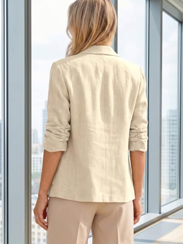 Image of Mina Self 2026 Summer Women's Linen Blazer Jacket - Lightweight Breathable 3 /4 Stretchy Ruched Sleeve Casual Work with Pocket