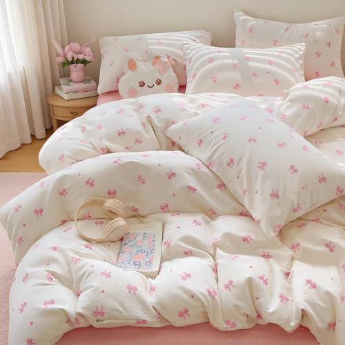 Michorinee Housse de Couette 220x240 Rose Blanc Coeur et Nœud Papillon Parure de Lit Adulte 2 Personnes Microfibre Fille Sets de Housses de Couettes avec Fermeture Éclair et 2 Taies d'oreiller 65x65