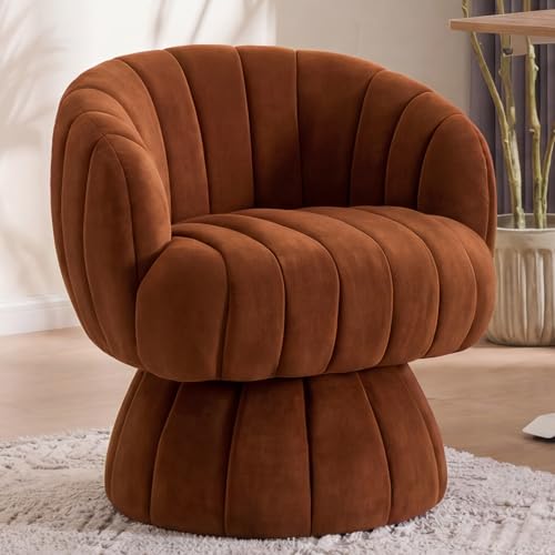 Mid Century Modern 360 Degree Barrel Swivel Accent Sofa Chair,Fluffy Velvet Fabric Lounge Wide Upholstered Pumpkin Reading Chair, Round Cloud Armchair for Living Room,Bedroom,Vanity(Burnt Orange)