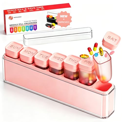 Image of HIONXMGA Color-Coded Weekly Pill Organizer Once Daily, Detachable 7 Day Travel Pill Box with Upgraded Sealing Lids, Large Portable Pill Case for Medication, Vitamins, Supplements & Fish Oils, Pink