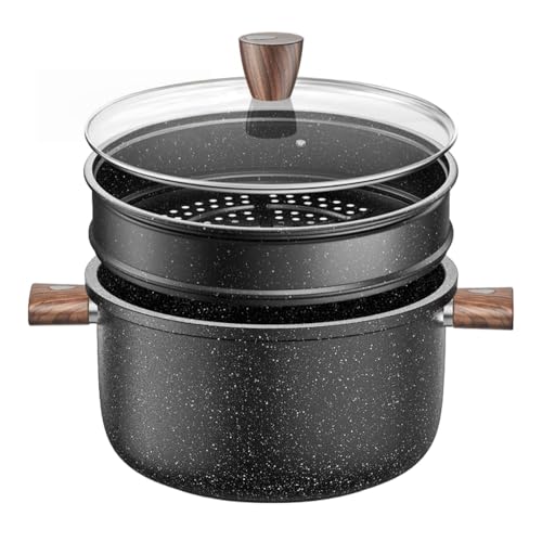 両手鍋 卓上鍋 鍋 蓋つき ガス火 IH対応 ガス対応 一品万能 煮る 焼く 炒める 揚げる 焦げ付きにくい お手入れ簡単 ガラス蓋付 しゃぶしゃぶ カレー おでん 麦飯石製スープ鍋 家庭用煮込み鍋 こびりつきにくい (26CM ノーブルブラック + スー