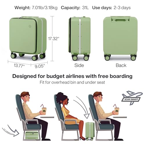 Image of mixi 17x14x9 Carry On Luggage Underseat PC Hard Shell Suitcase Top Opening Aluminum Frame Travel Suitcases with Wheels, Avocado Green