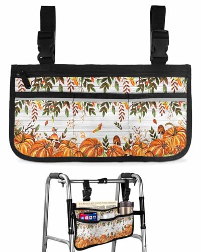 Anzona Fall Pumpkins Wheelchair Side Bag Walker Bag, Autumn Eucalyptus Leaves White Wooden Wheelchair Accessories Armrest Pouch, Organizer Storage Bag for Walkers, Rollators, Scooters, 7.3''x13''