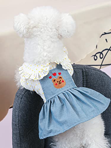 Qwinee Heart & Bear Embroidered Dog Dress Cat Ruffle Trim Denim Dress Pet Suspender Skirt For Small Medium Girl Dogs Puppy Kitten Blue And White Xl #TOP2