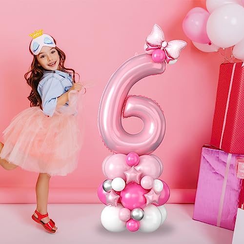 Image of 40 Inch Pink Number 6 Balloon Tower 6th Birthday Decorations for Girls | Large Pastel Baby Hot Pink White Number Six Foil Balloons Stack Set for 6 Years Old Princess Sixth Birthday Party Decorations
