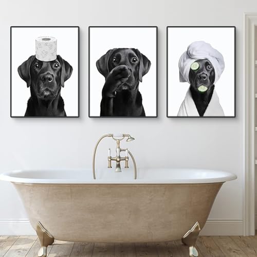 Uixxducc 3 Stück Poster Badezimmer Bilder Badezimmer Deko Bilder ohne Rahmen lustige Hund Wanddeko Bild WC Toilette Deko Schwarz Weiß Wandbilder (21×30 cm)