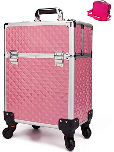 BYCDD Trolley Kosmetikkoffer Schminkkoffer, Multikoffer Etagenkoffer mit 360° Rollen Abnehmbar Make-up Koffer,Pink