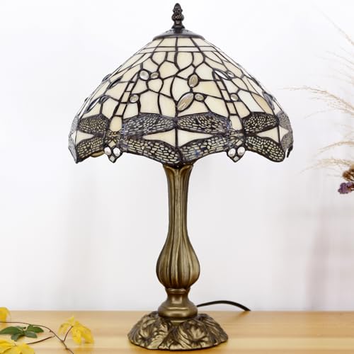 Image of 12Inch Tiffany Stained Glass LampShade Replacement Only (Cream Dragonfly) | Stained Glass Style Lampshade with Cap fit for Table lamp Pendant Light Ceiling Fixture