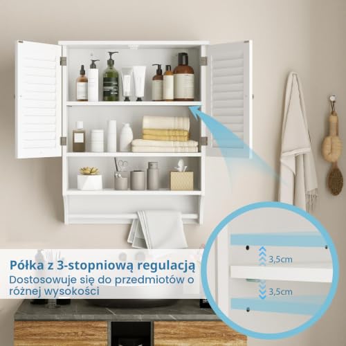 COSTWAY Szafka wisząca, 3 półki, szafka łazienkowa z regulowaną półką, szafka ścienna, szafka łazienkowa wisząca (biała), 58 x 22 x 75 cm, BA7874DE