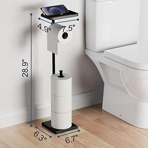 Toilet Paper Holder Stand - iSPECLE Bathroom Toilet Roll Holder with Reserve Storage for 4 Rolls, Toilet Roll Holder Free Standing with Shelf, Black