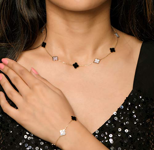 Vaani Fine Jewelry 14K Solid Yellow Gold, Black Onyx And Mother-Of-Pearl Necklace With 7 Clover Motifs. 16 Inch Chain Size #TOP1