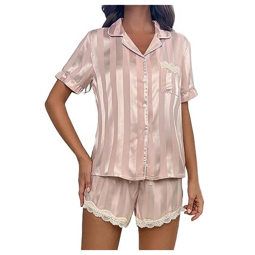 WDIRARA Conjunto de pijama feminino listrado de cetim com acabamento em renda, manga curta, botão e short, Damasco, M